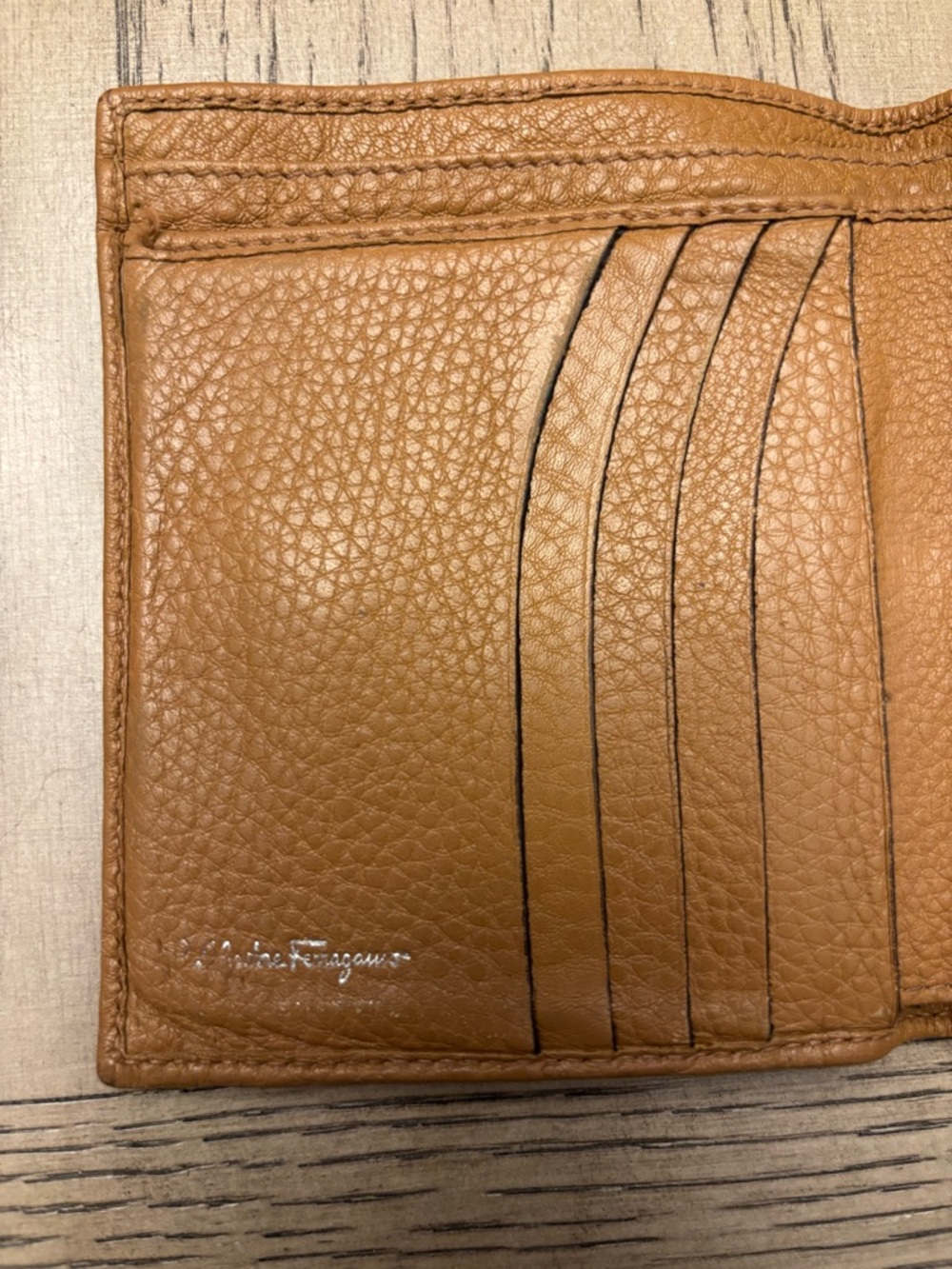 Salvatore Ferragamo Tan Pebbled Leather Gancini Compact Wallet Card Holder - Picture 9 of 9